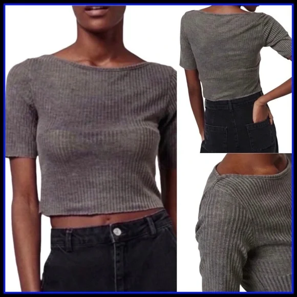TOPSHOP NWT SLASH RIBBED CROP TEE GREY SZ 6 - Picture 1 of 14